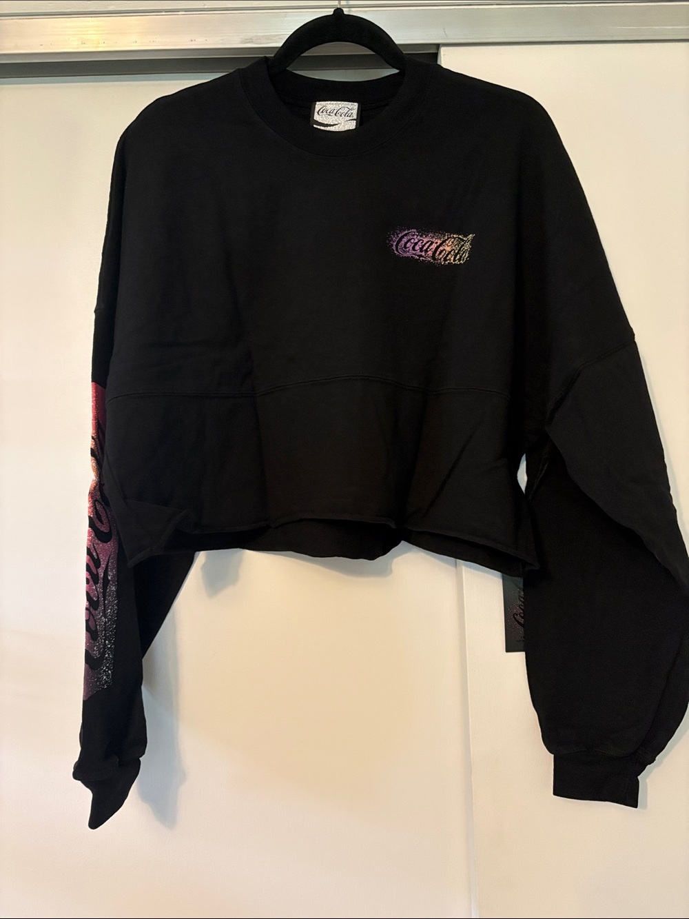 NWT Coca-Cola Creations Medium Black Cropped Spirit Jersey Pink & Purple Sparkle
